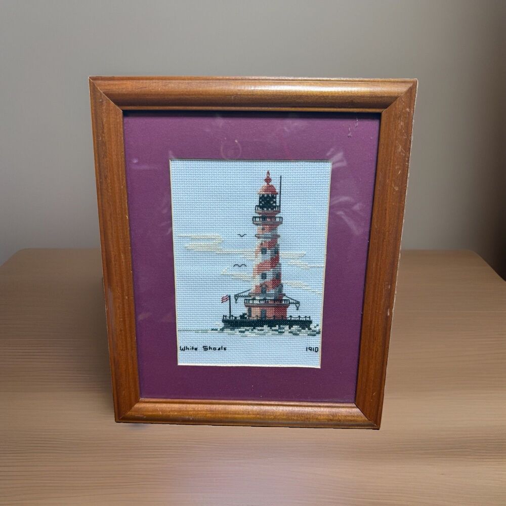 Framed Lighthouse Cross Stitch White Shoals 1910 Vintage Fishermancore 1996